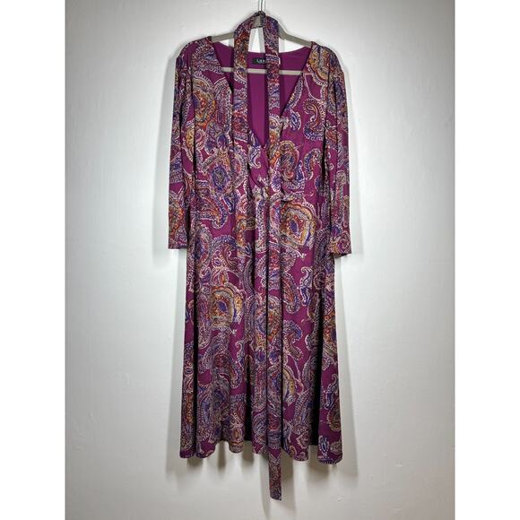Lauren Ralph Lauren Paisley Surplice Jersey Dress XL Stretchy Faux Wrap Tie Belt - Picture 7 of 12